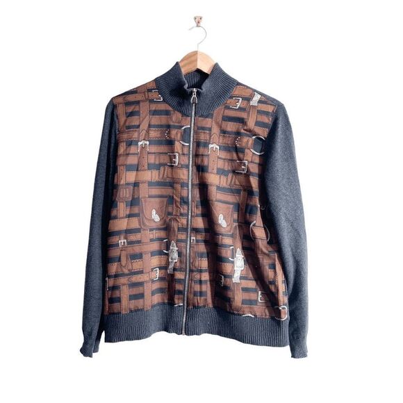Lauren Ralph Lauren Women Knit Sweater Full Zip Horse Belt Pattern Brown XL - Picture 1 of 7
